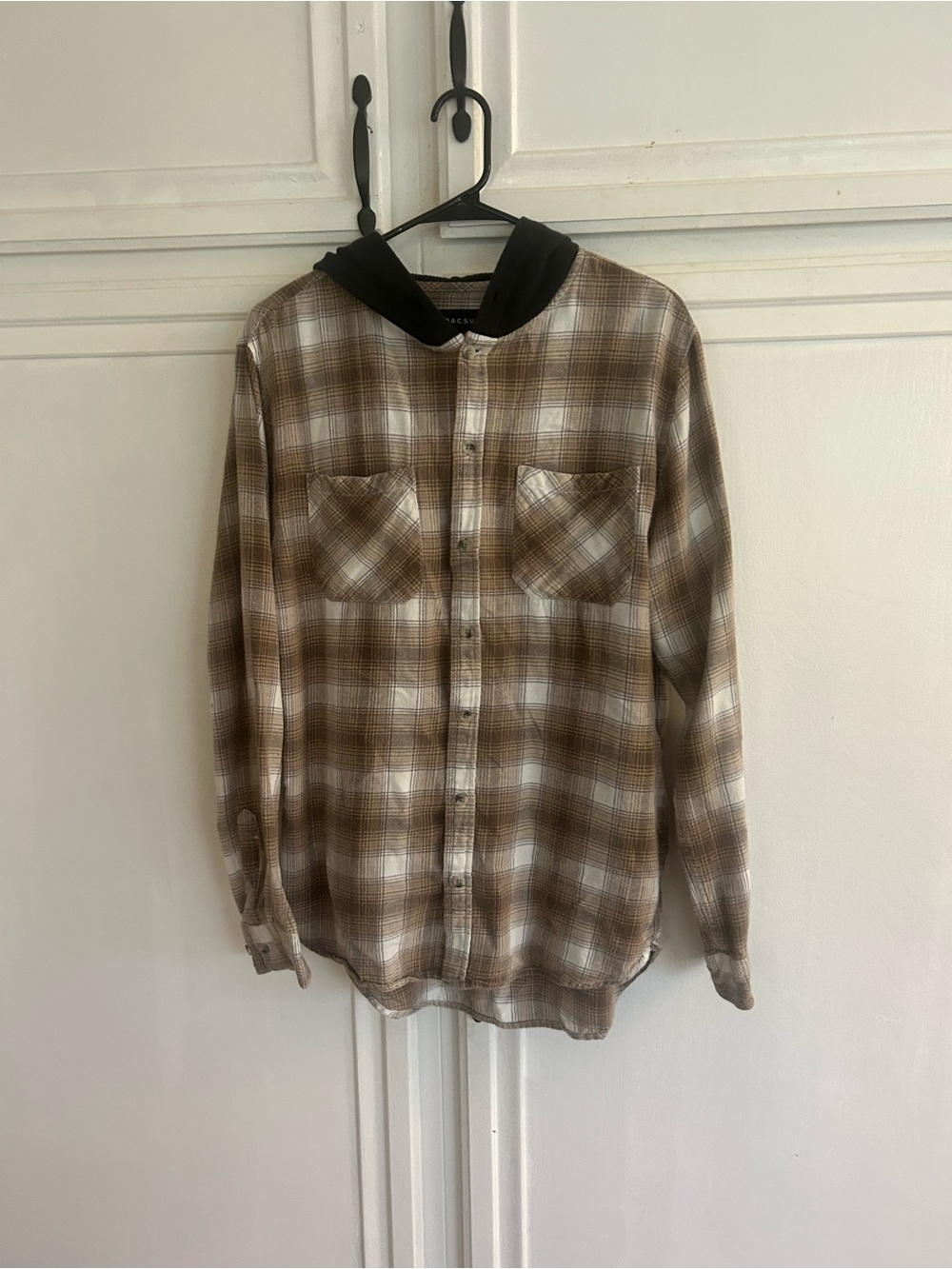 PacSun Brown and White Plaid Button-Down Shirt with Black Hood